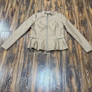 Baccini Women's Faux Leather Moto Jacket Tan Zip Biker Style Size S Brown Coat